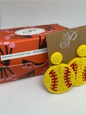 Plunder New in Box  “Diamond Diva” Softball Beaded Yellow Earrings Push Back